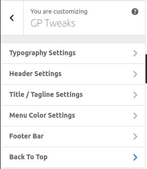 GP Tweaks Sections inside the Customizer.