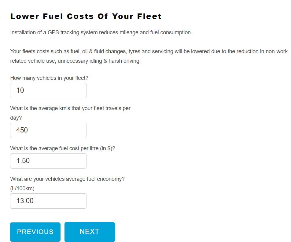 Second page of the calculator. Enter vehicle details and fuel usage.