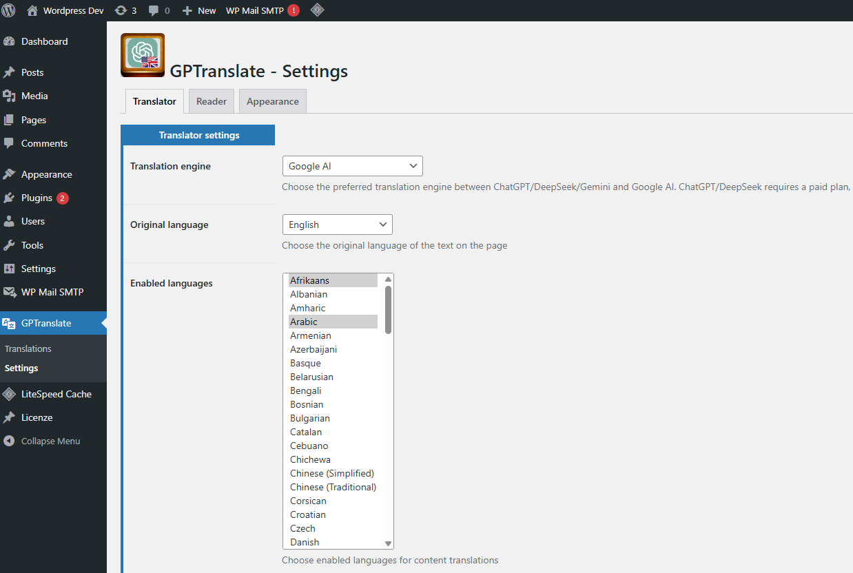 Settings for languages.