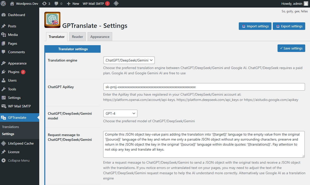Settings for AI integration.