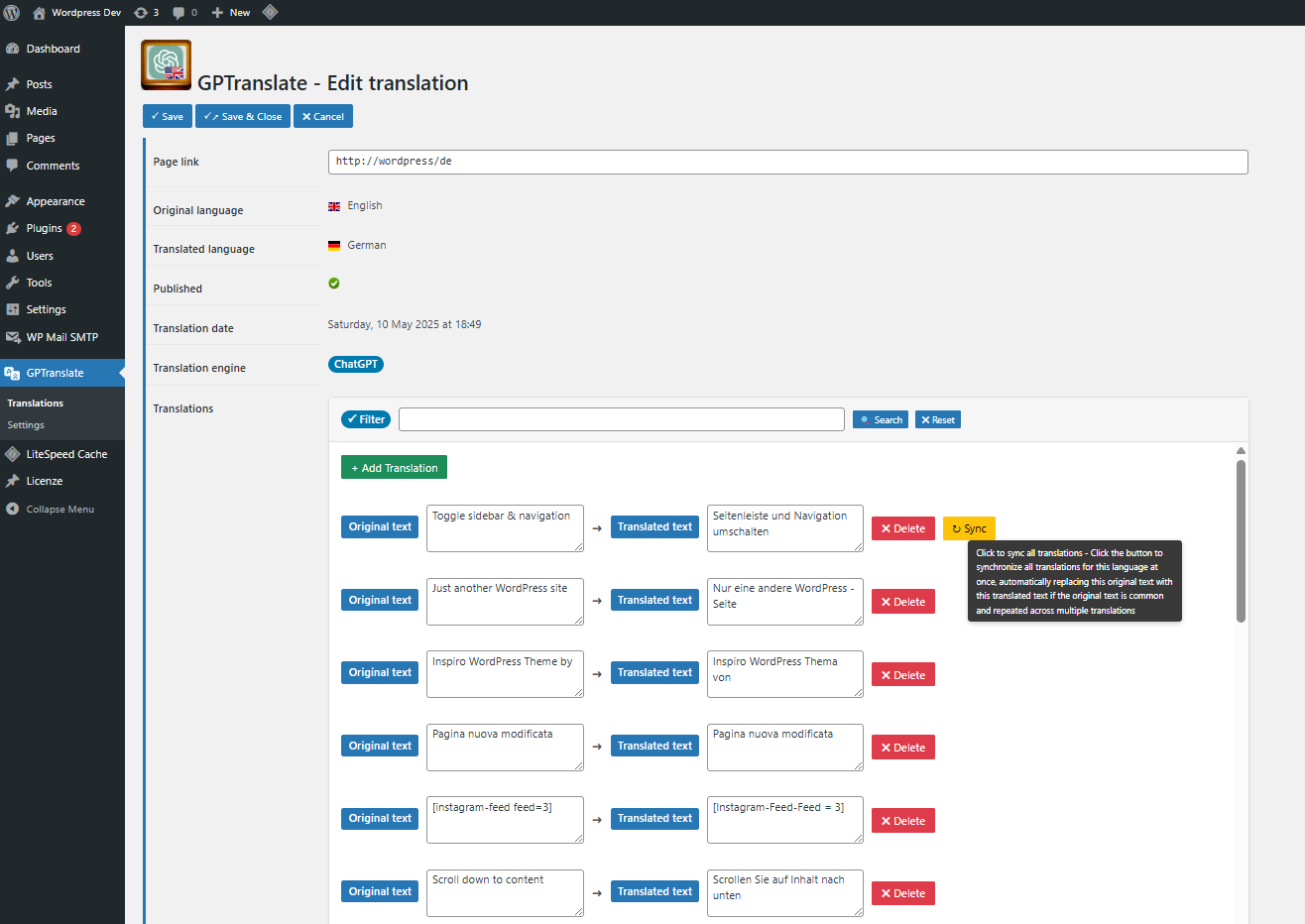The admin interface for editing translations.