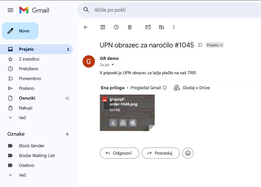 Customer email example with attached UPN payment form.