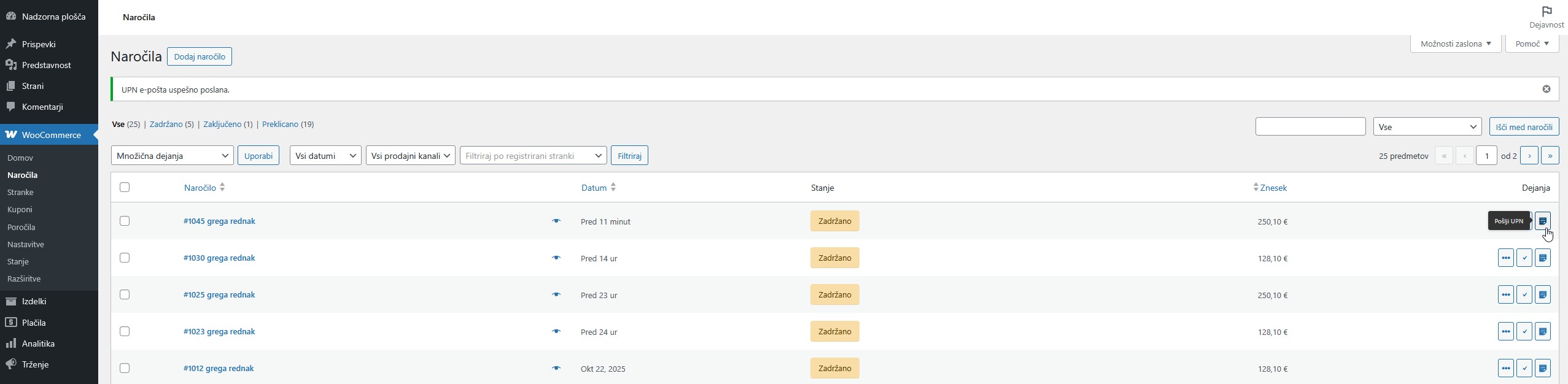 Woocommerce orders list showing action to send UPN.
