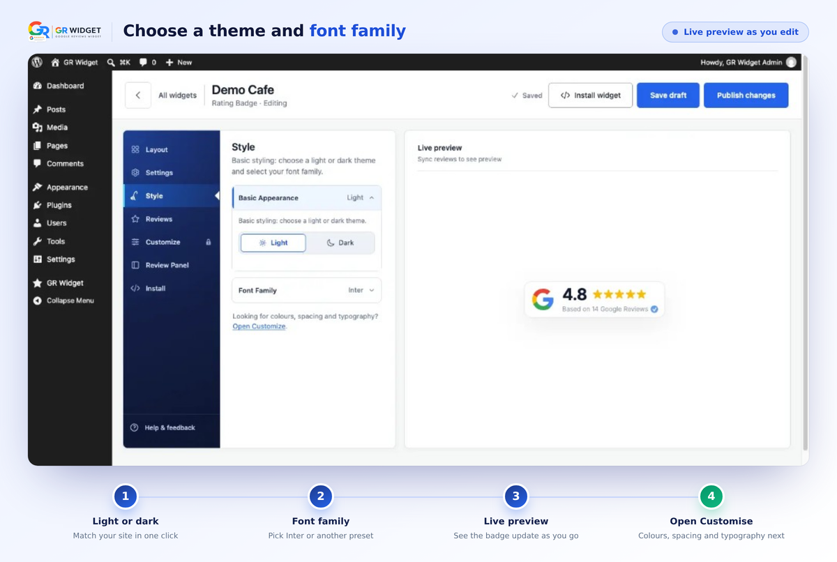 Options tab — set theme, display mode, alignment, and spacing with a live preview