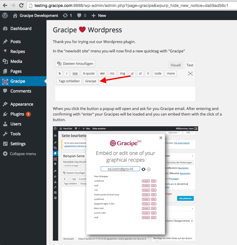 Managing Gracipes in the Wordpress admin menu