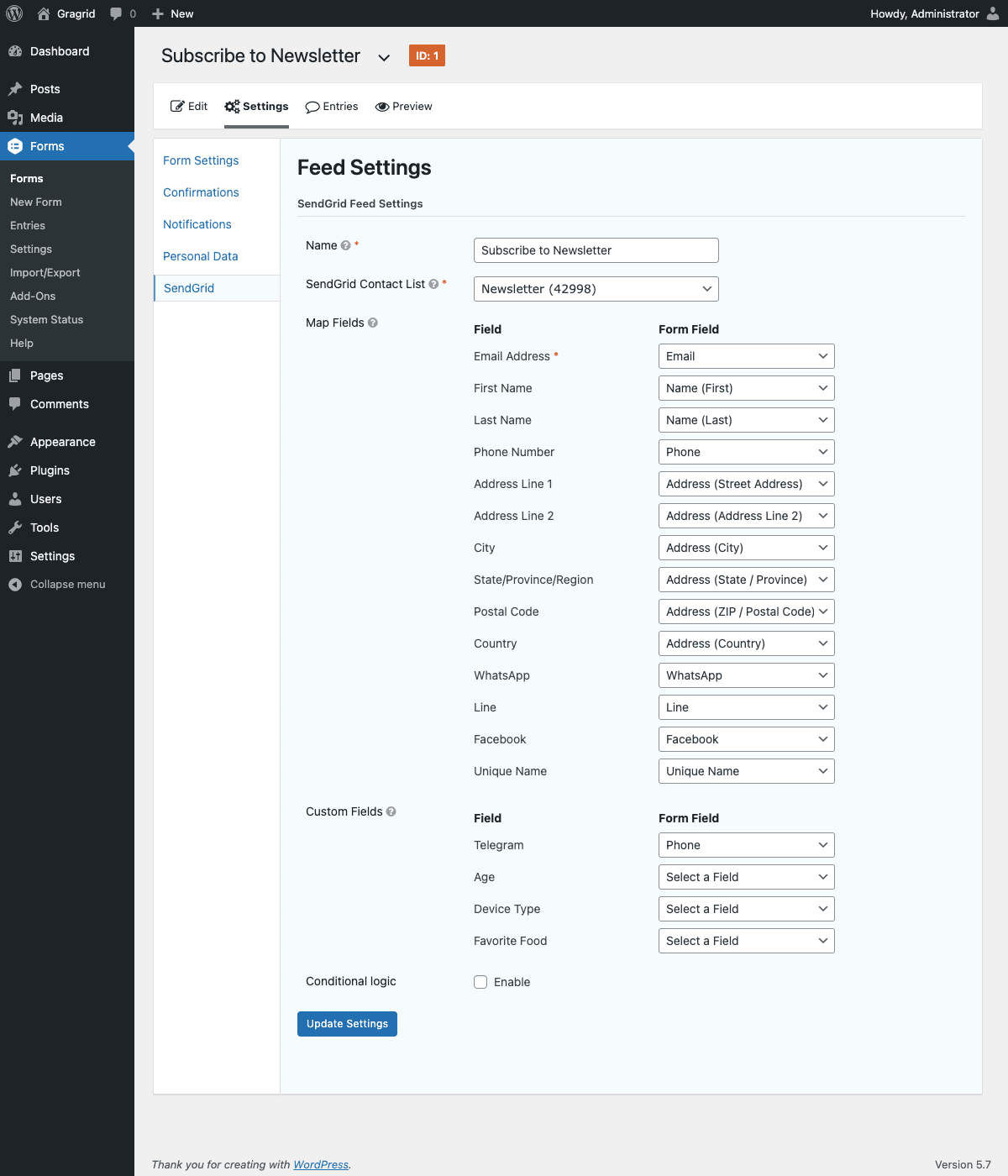 Feed settings page