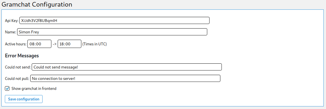 Settings page of the gramchat wordpress plugin