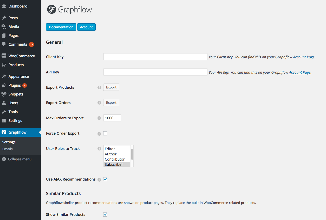 The Graphflow Settings screen.