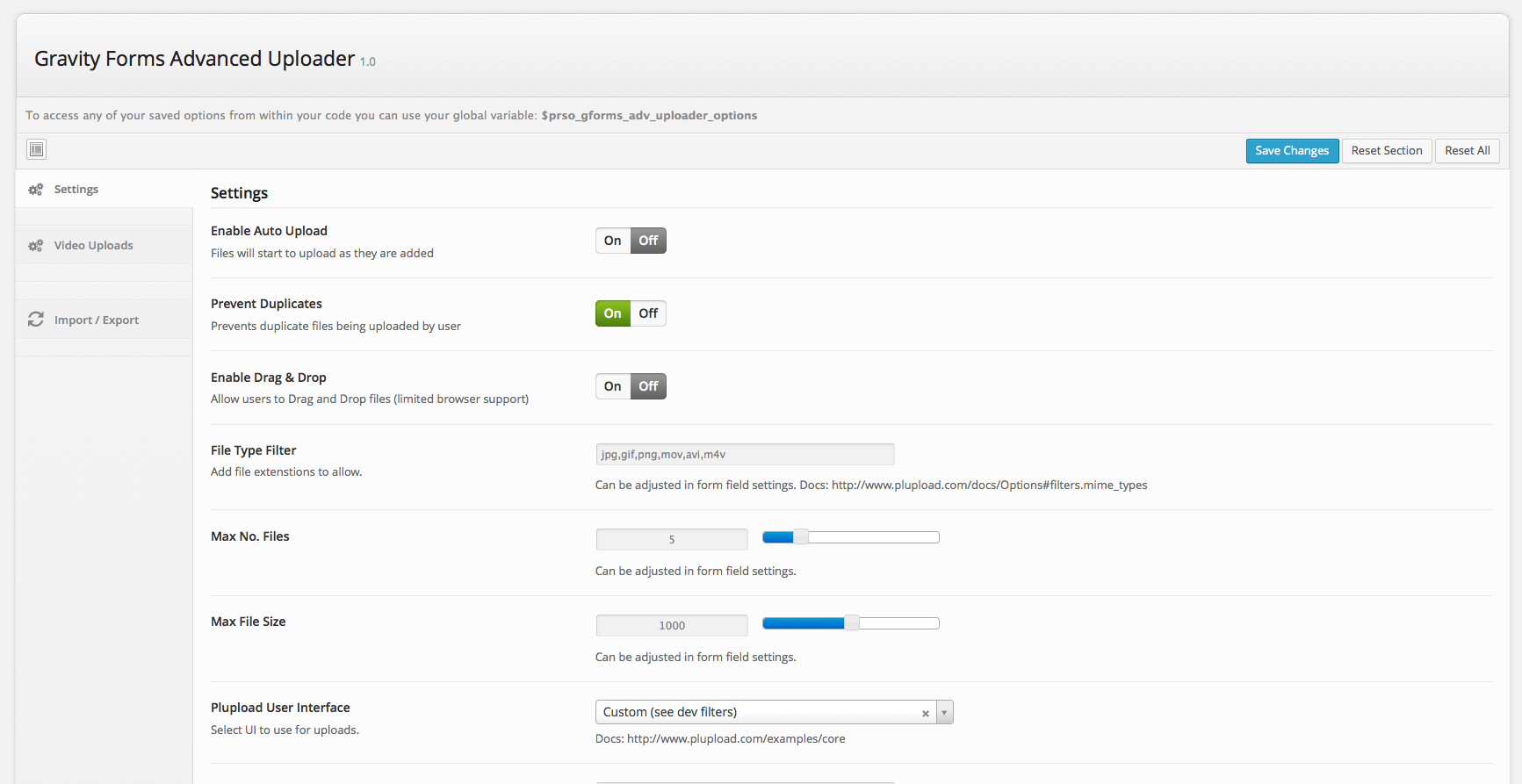 The options page, lost of param goodness