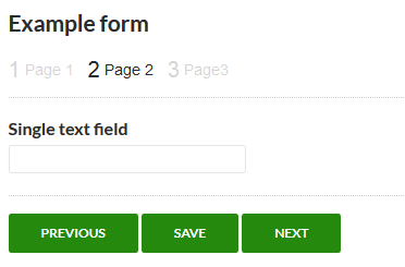 Shows the 'Save' button on second page of a multi-page form. The 'Previous', 'Save' and 'Next' buttons are displayed.