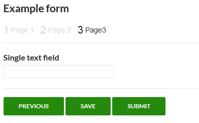 Shows the 'Save' button on third and final page of a multi-page form. The 'Previous', 'Save' and 'Submit' buttons are displayed.