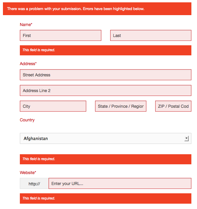 Example of form validation errors.