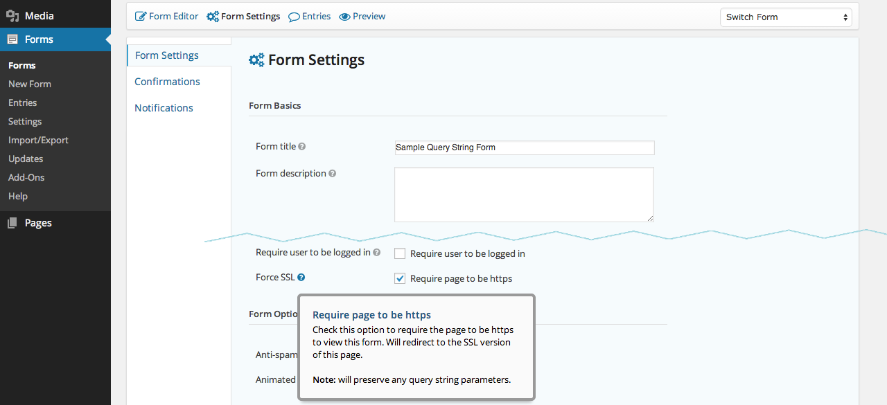Enable SSL on form settings