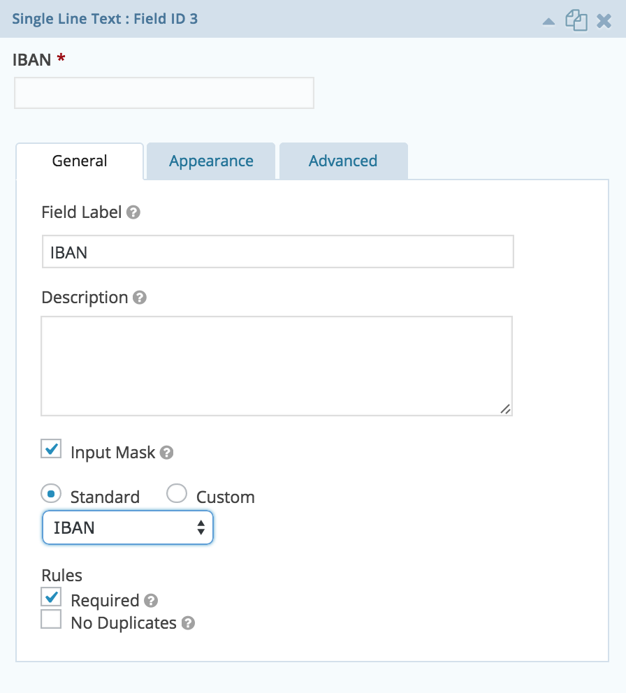 The IBAN mask in the Gravity Forms editor.