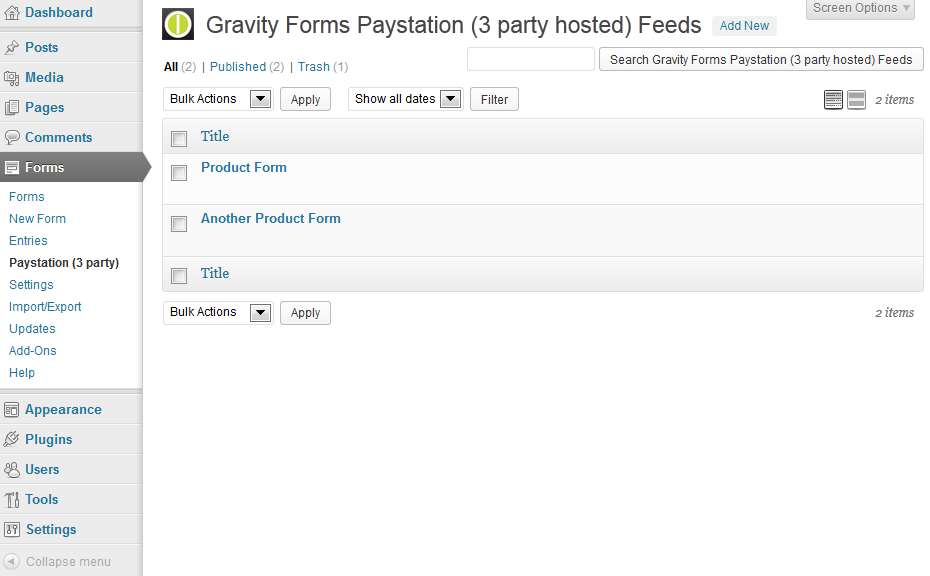 List of Paystation (3 party hosted) feeds.