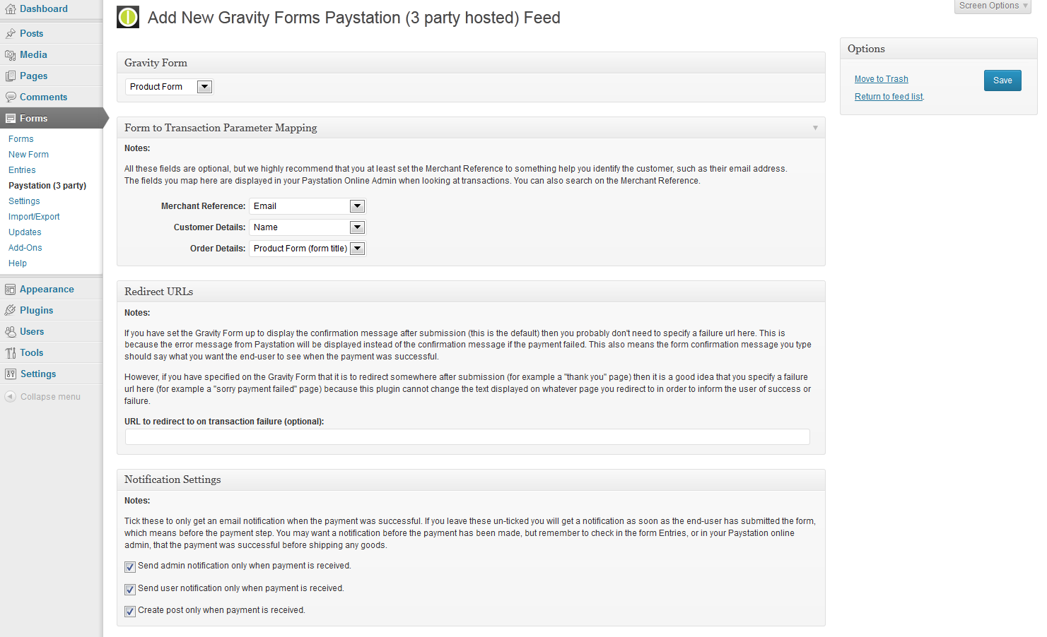 Add new Paystation (3 party hosted) feed - mapping form fields to API parameters.
