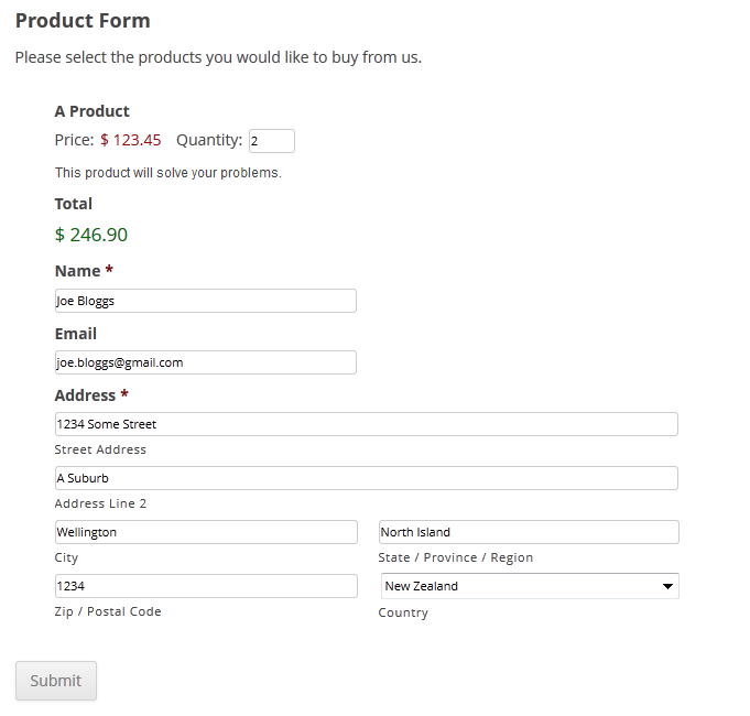 Sample Product form created in Gravity Forms.