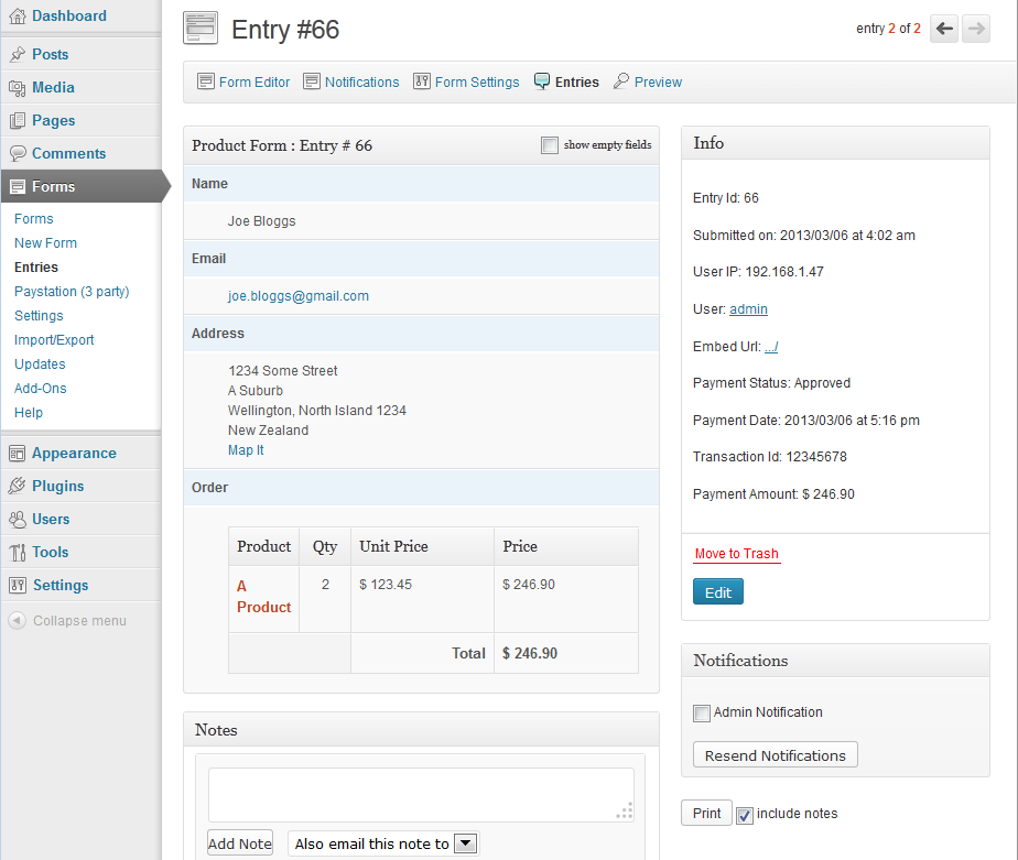 Entry in the Gravity Forms showing successful payment.