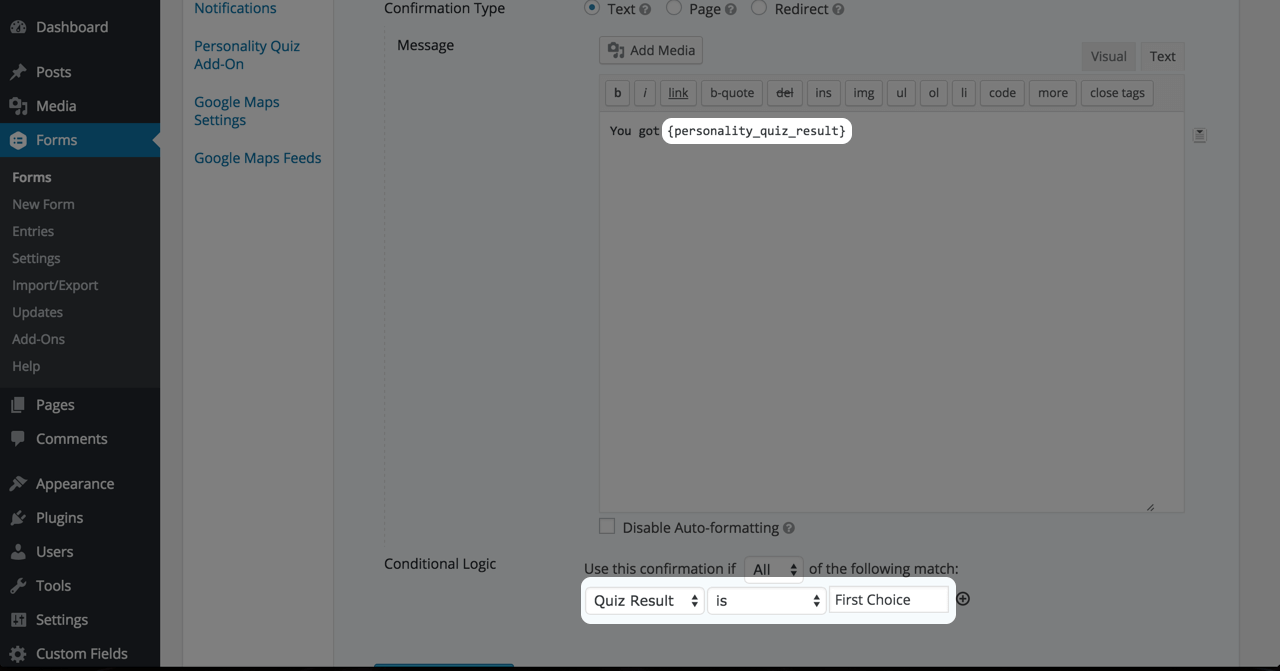 Using the quiz result in a confirmation shortcode or confirmation conditional logic