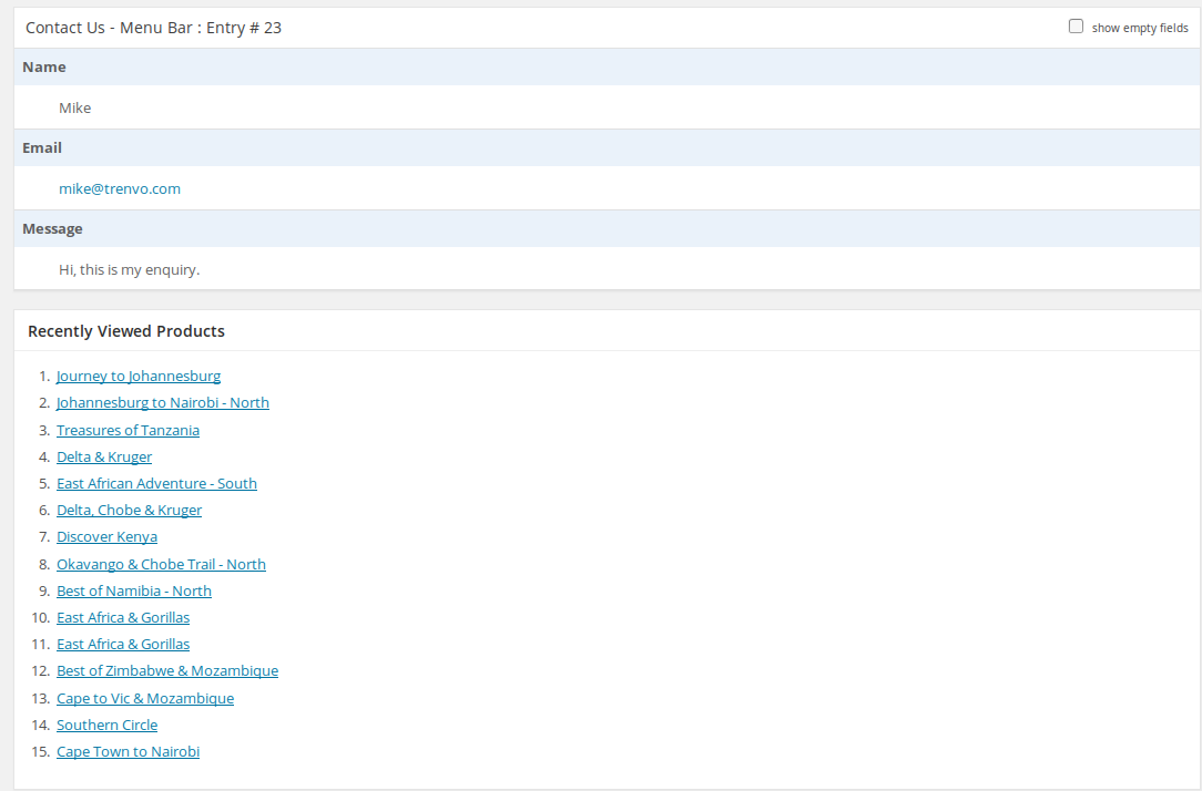Recently viewed products in Gravity Forms entry
