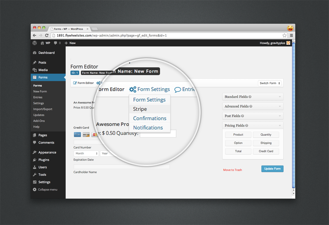 Form Settings->Stripe menu