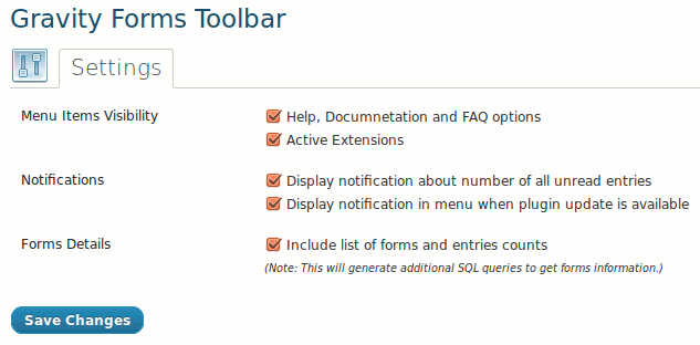 Gravity Forms Toolbar - little admin settings page of the plugin.([Click here for larger version of screenshot](https://www.dropbox.com/s/fv5ibqebo66q86t/screenshot-7.png))