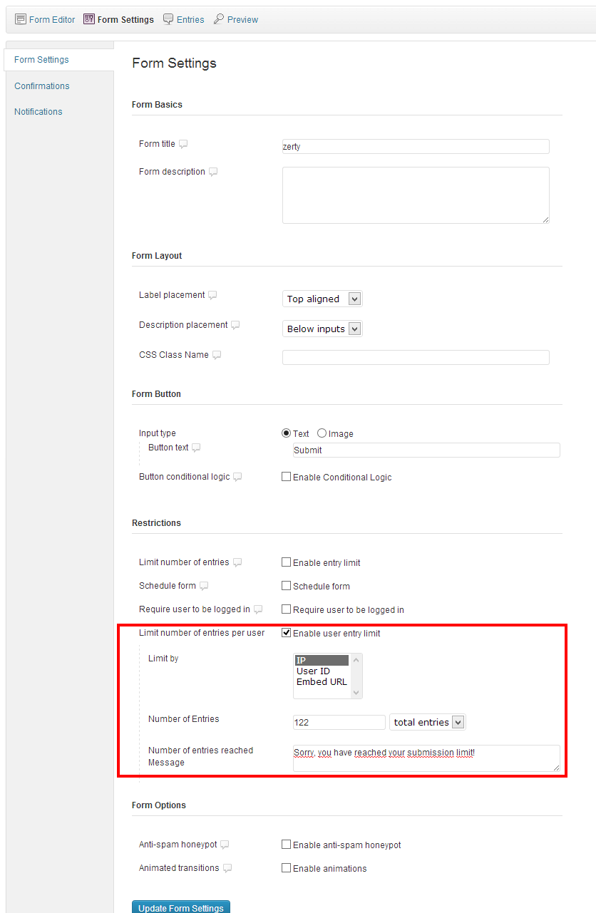 User restrictions in form settings