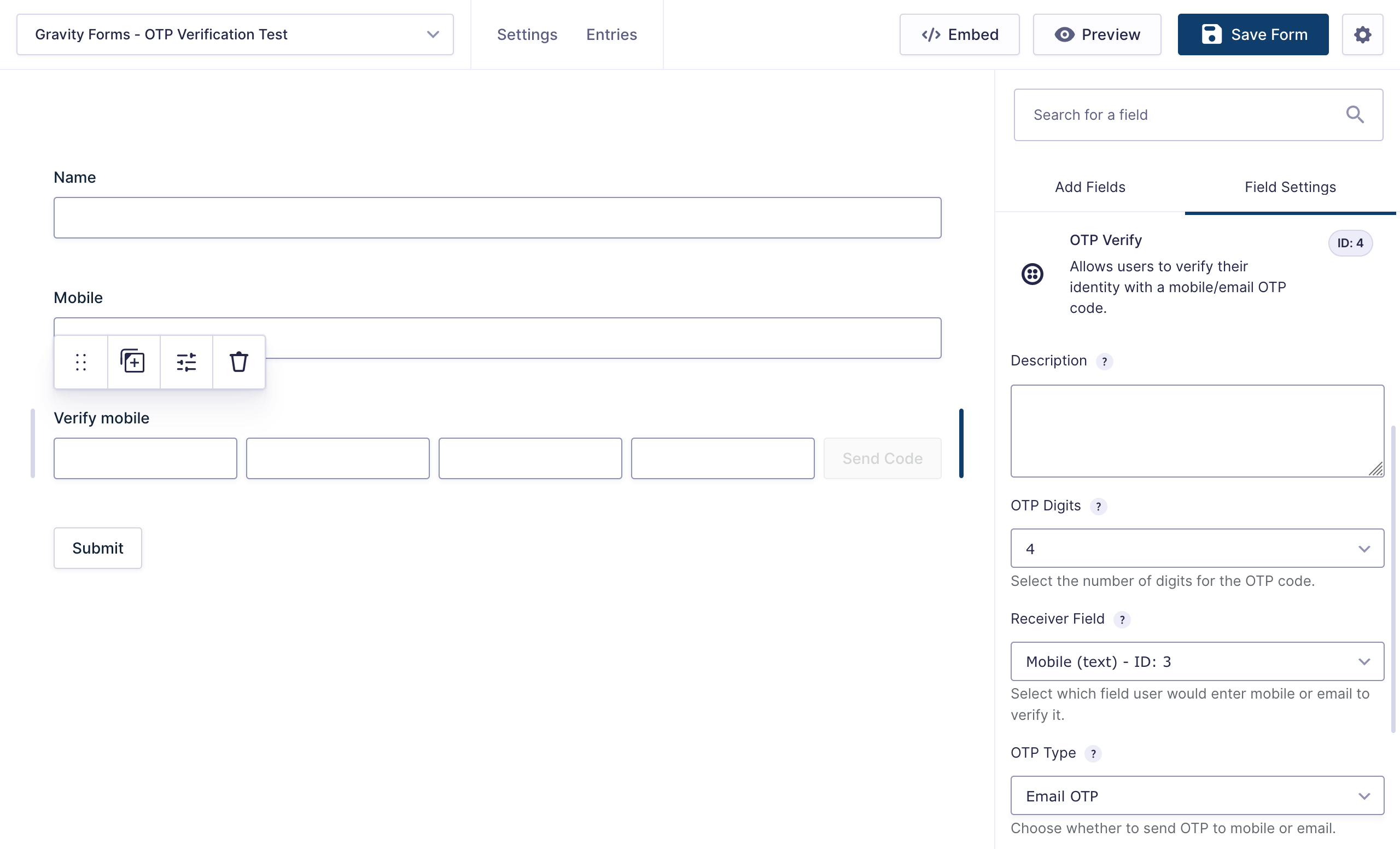 Mobile OTP Field (Waiting for User to enter code)