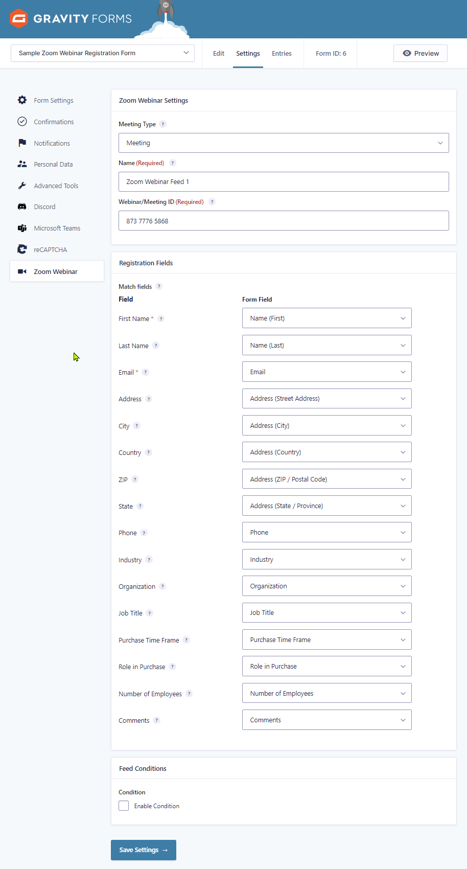 Form feed settings