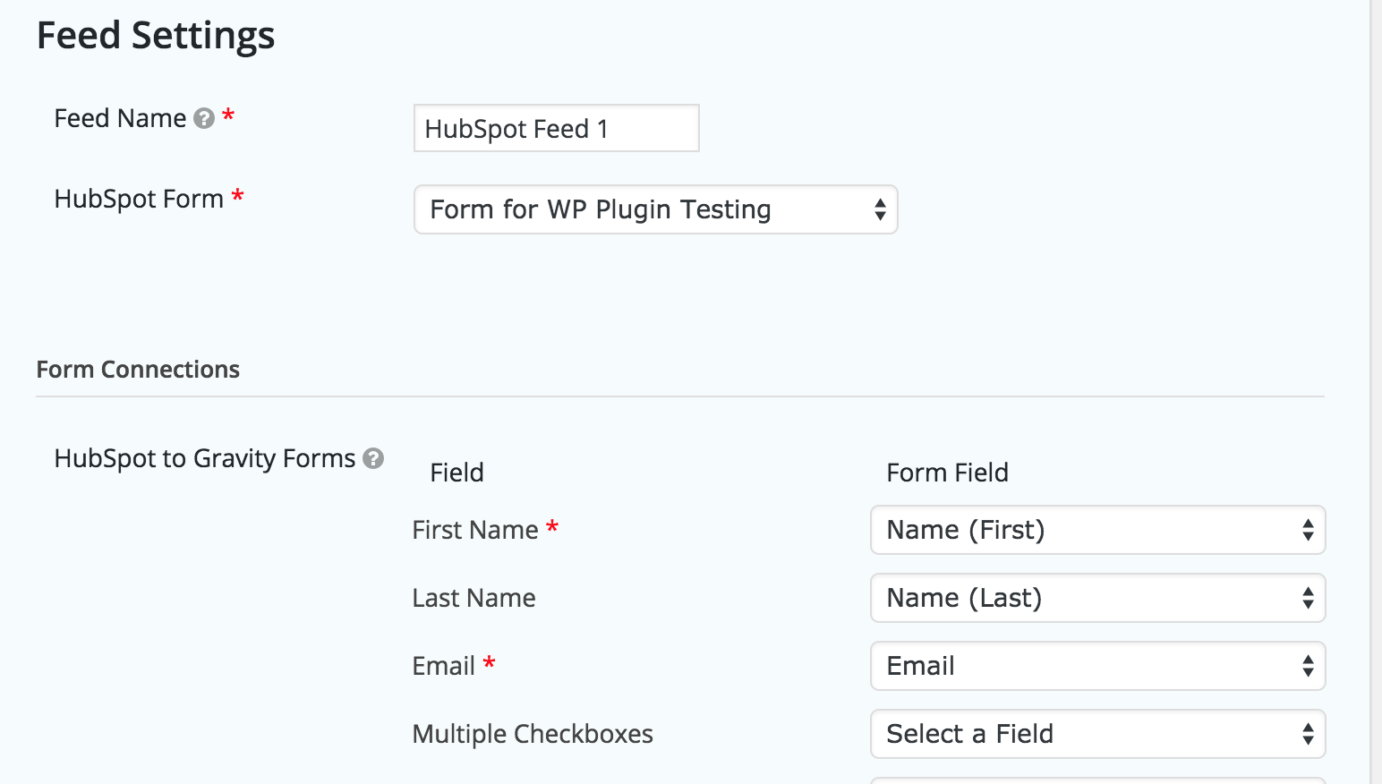 A glimpse at the settings for the HubSpot Feed connectivity