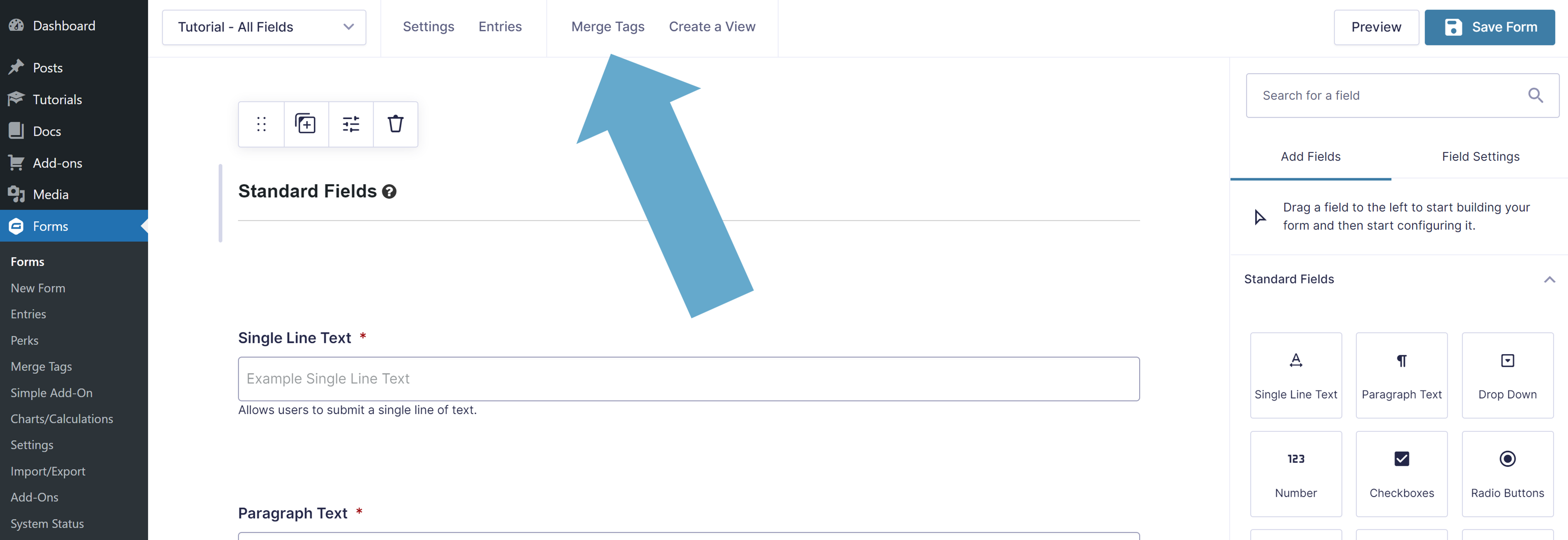 The menu link that gets added in the Gravity Form toolbar.