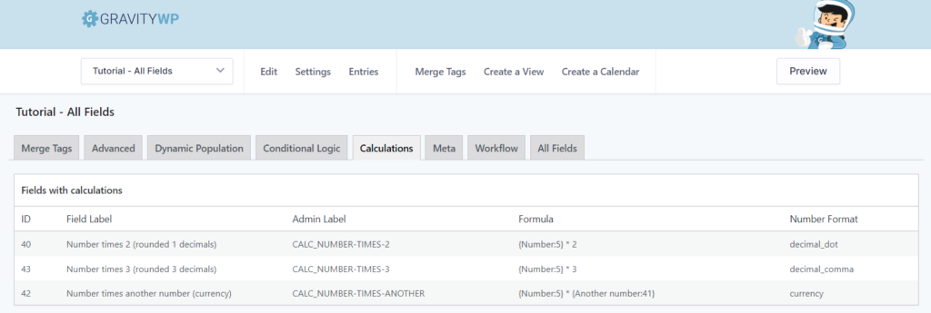 Calculations overview for the current Gravity Form (Formula, Number Format).