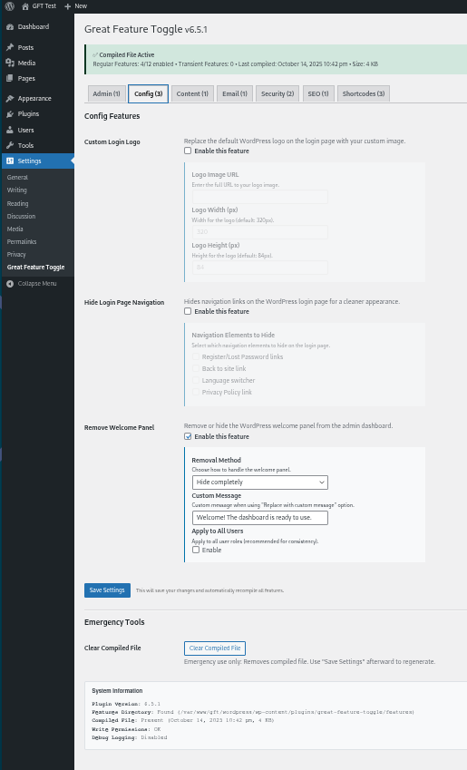 **Config Settings Screen:** Toggle modules, adjust per-feature options.