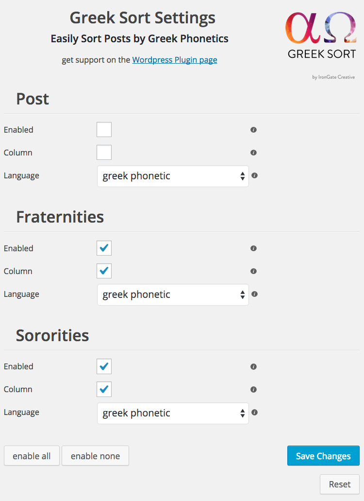 This is the Greek Sort options page. All post types can be enabled/disabled, have their column hidden, and their language specified.