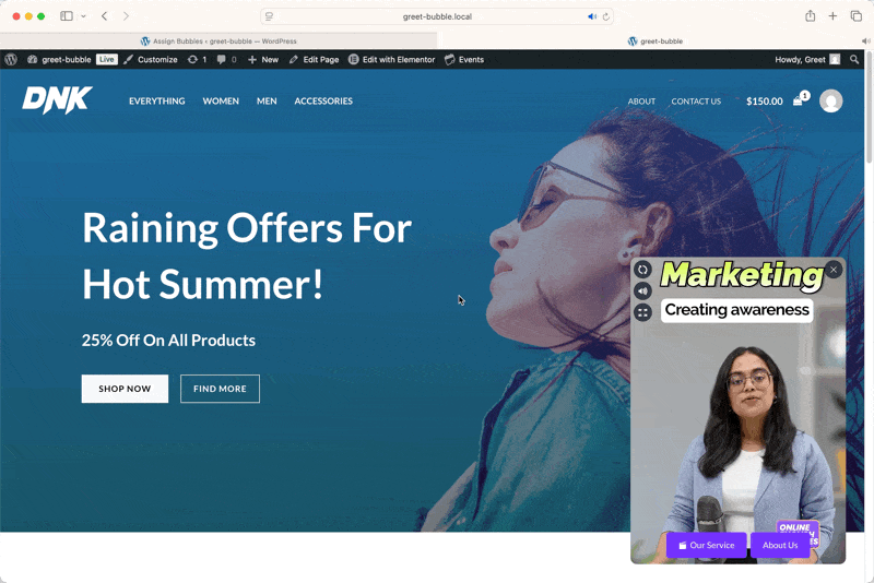Interactive video popup with call-to-action buttons inside a floating video bubble to guide visitors and drive conversions.