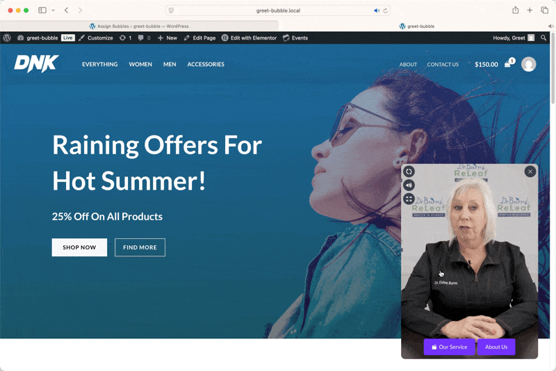 Custom video welcome popup with multiple videos and buttons displayed in a floating video bubble.