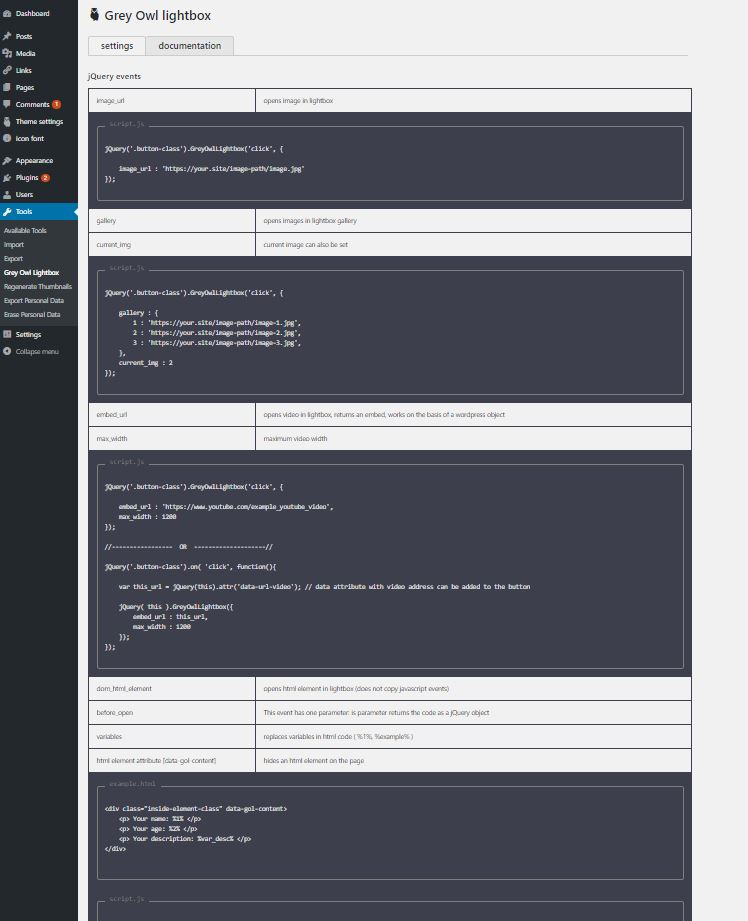 Page Documentation Javascript Events