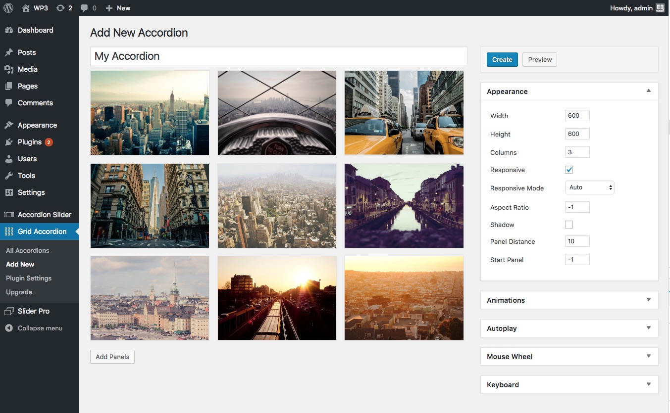 The user interface for creating and editing an accordion.