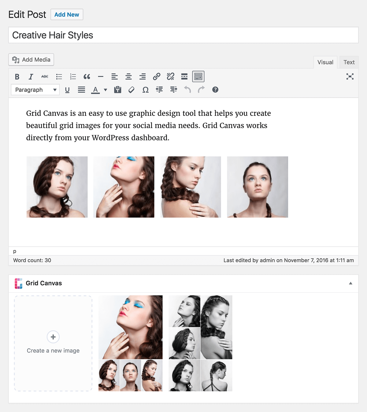 Grid Canvas section in the edit post screen, showing the generated images