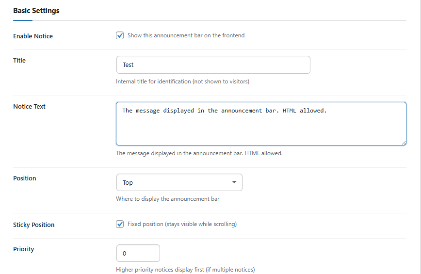 Add / Edit announcement bar — Basic Settings