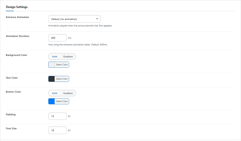 Add / Edit announcement bar — Design Settings