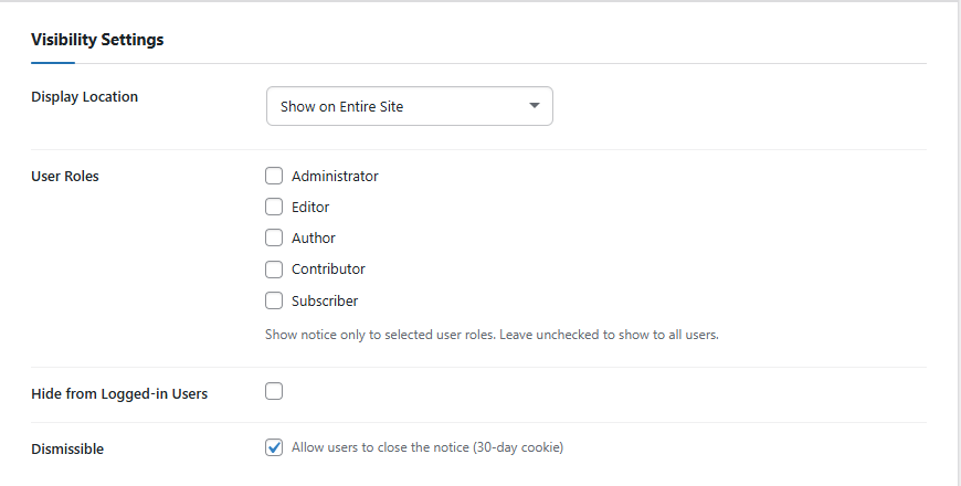 Add / Edit announcement bar — Visibility Settings