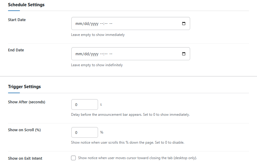 Add / Edit announcement bar — Schedule and Trigger Settings