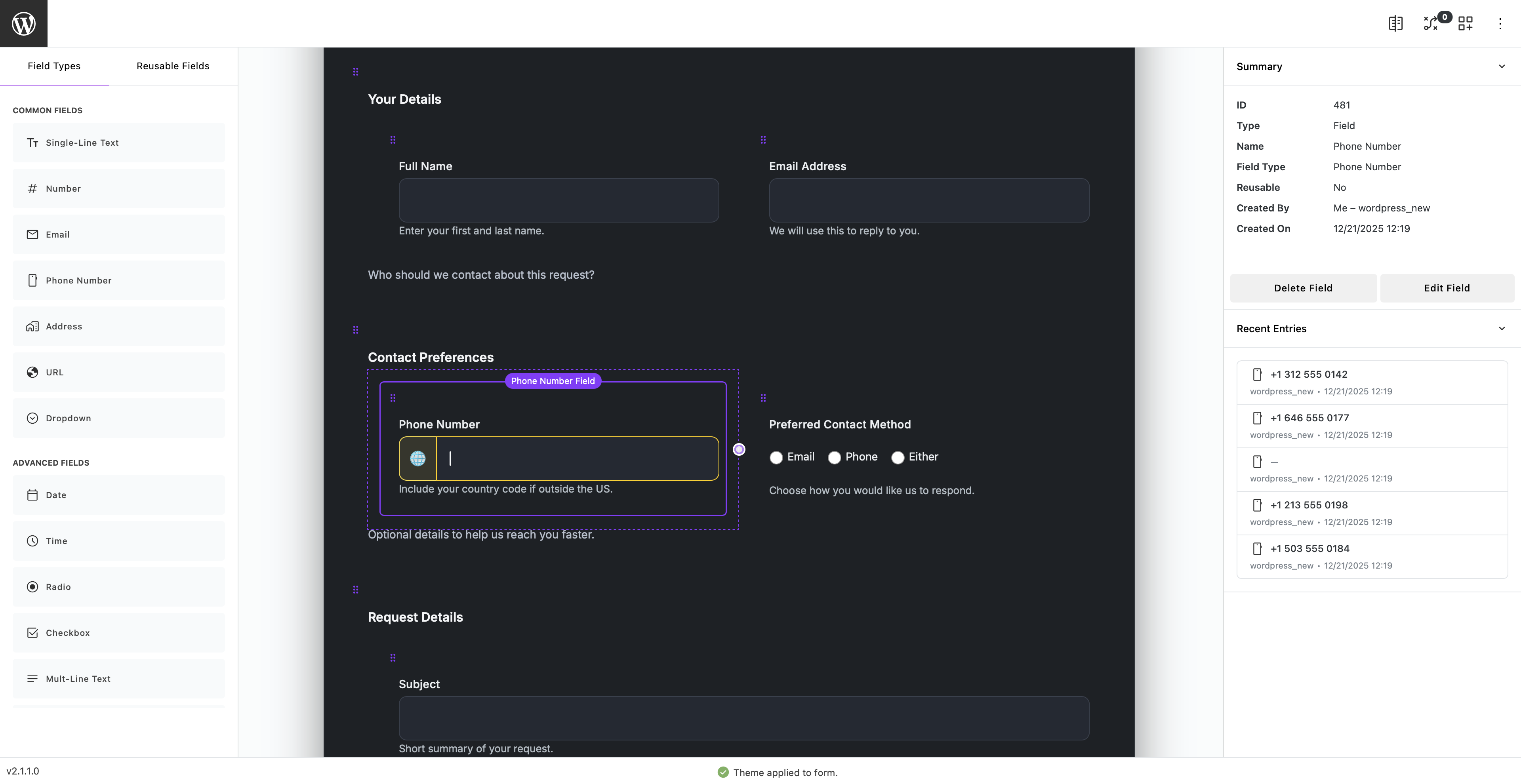 Text field edit view with validation settings