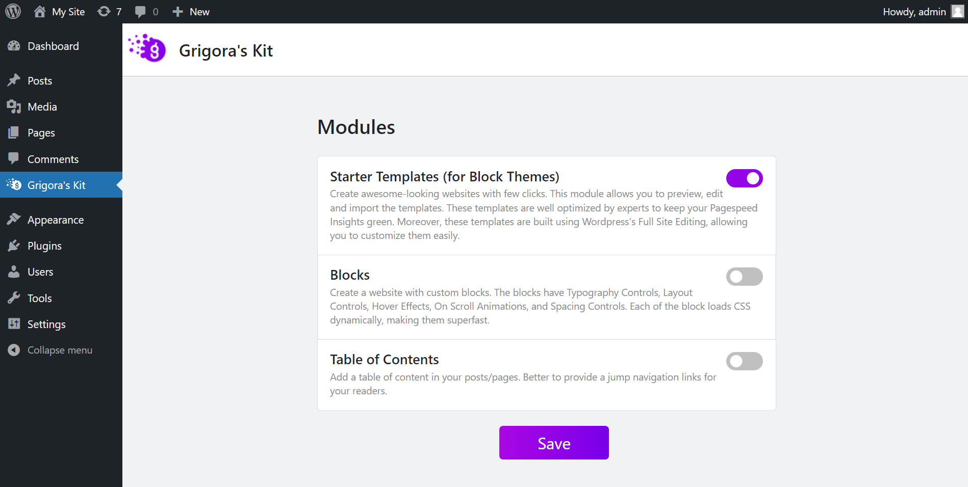 **Modules** - Access available modules and turn them on/off as required.