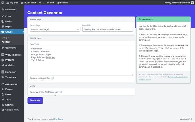**Content Generator.** Automate the process of adding new pages to your site's hierarchy and creating site menus.