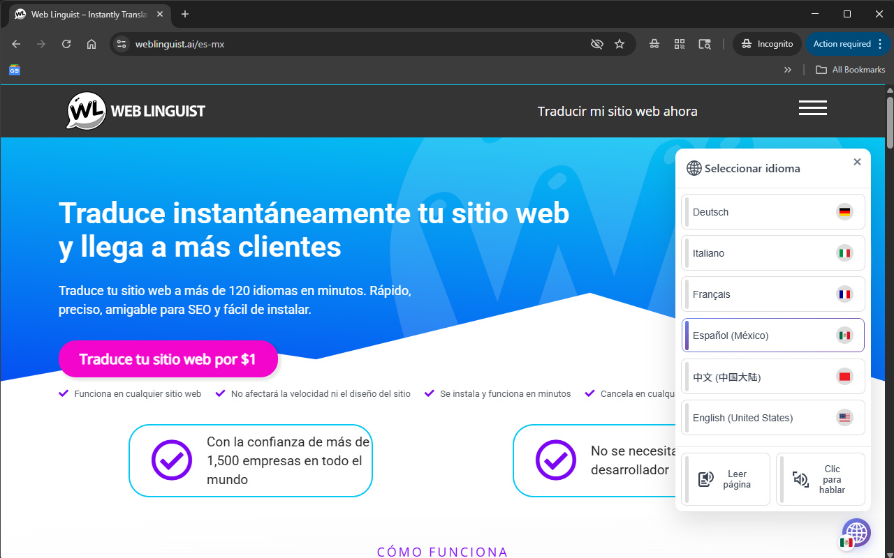 The language switcher in action, displaying Spanish