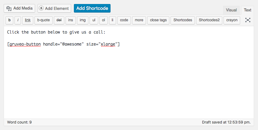Backend view of the Gruveo button shortcode