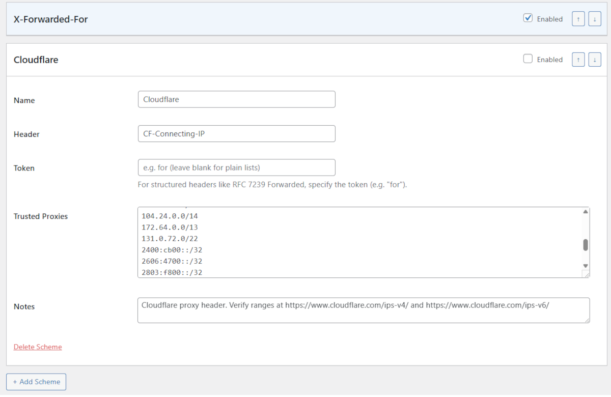 Scheme detail — configure header name, trusted proxy CIDR ranges, and optional token for a scheme.