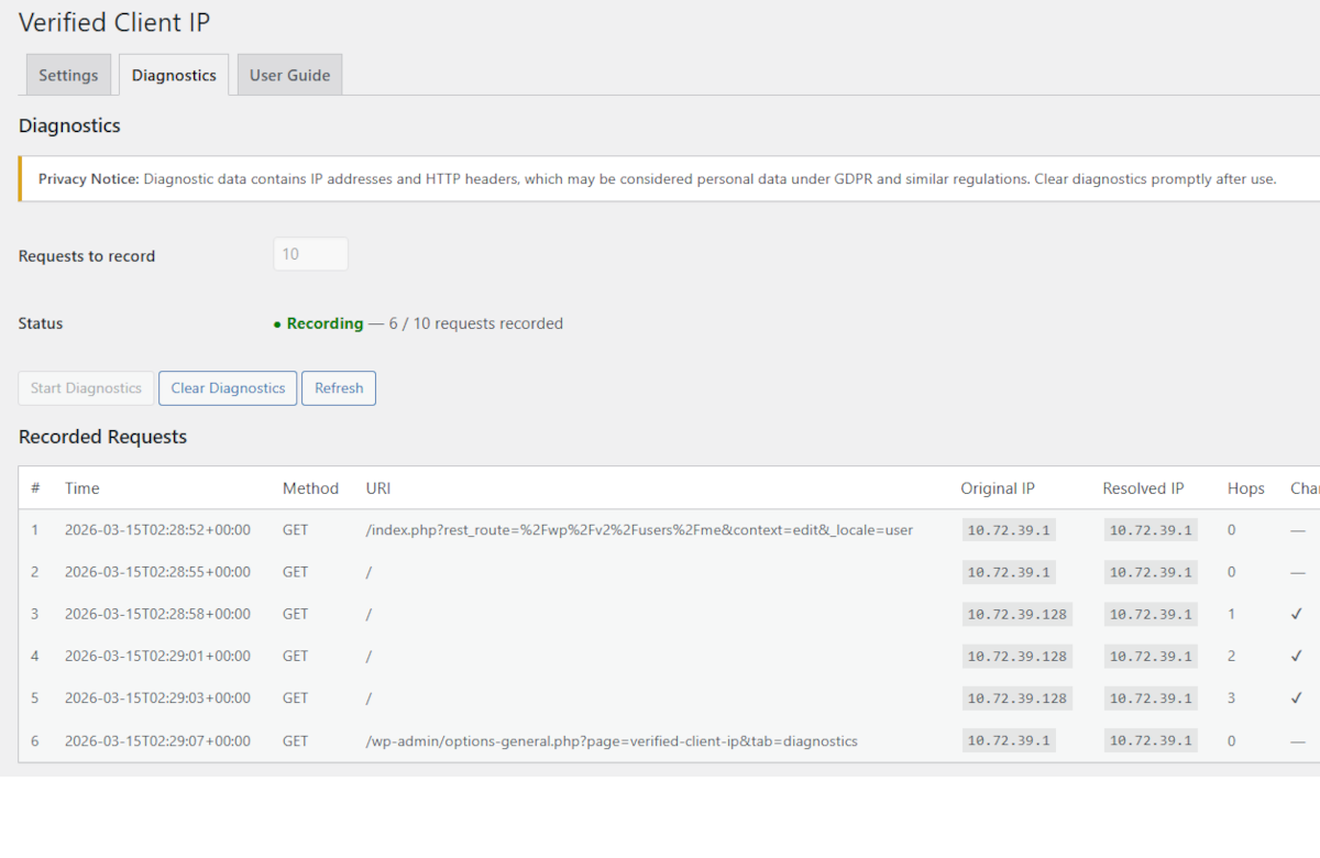 Diagnostics page — list of recorded requests with resolved IP and whether `REMOTE_ADDR` was changed.